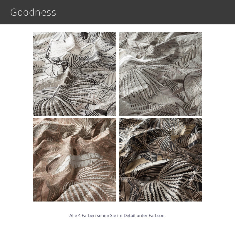 Goodness – exklusiver Vorhang nach Maß mit tropischem Muster Blattstickerei und edlem Metallic Schimmer gold, kupfer, silber, schwarz