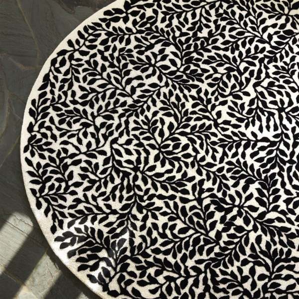 Teppich Bosquet Carbone rund I 100% Wolle schwarz-weiß I Botanisches Muster/Blätter