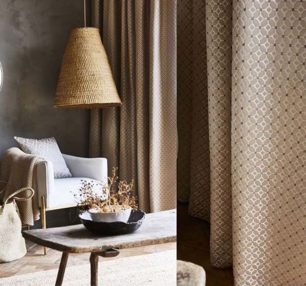 Eleganter Design Vorhang Frame blickdicht Jaquard mit modernem Muster beige, silber nach Maß