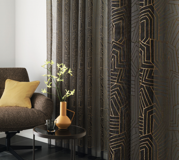 Vorhang Crystal mit elegantem Grafik Muster/filigraner Stickerei schwarz/gold Schienen& Stangen