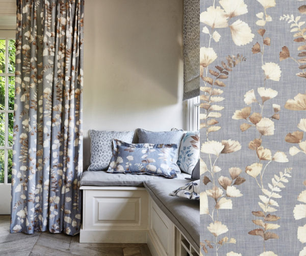 Vorhang Eucalyptus Baumwolle mit Blätter Muster/ Floral blickdicht grün/rose/grau/saffran