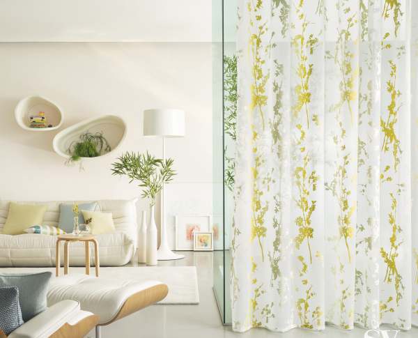 Vorhang Poppy Ausbrenner Floral/Blätter weiß/weiß weiß/gelb transparent I + Wellenvorhang