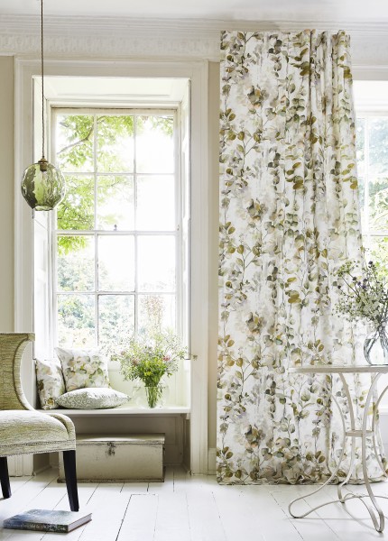 Deko Vorhang Aquarelle mit Blatt-Muster/ Blumen weiß/grün/natur/rose blickdicht für Stange, Gleiter