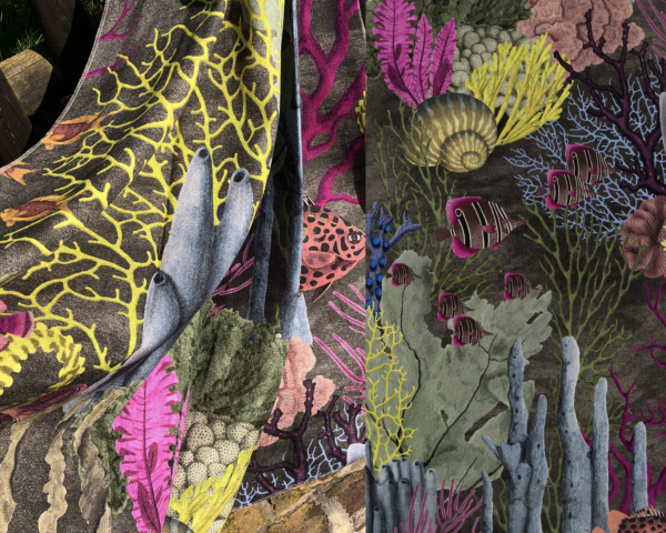 Ausgefallener Vorhang Fabulous Reef mit floralem Muster/ Fische / Unterwasserwelt pink/blau/gelb