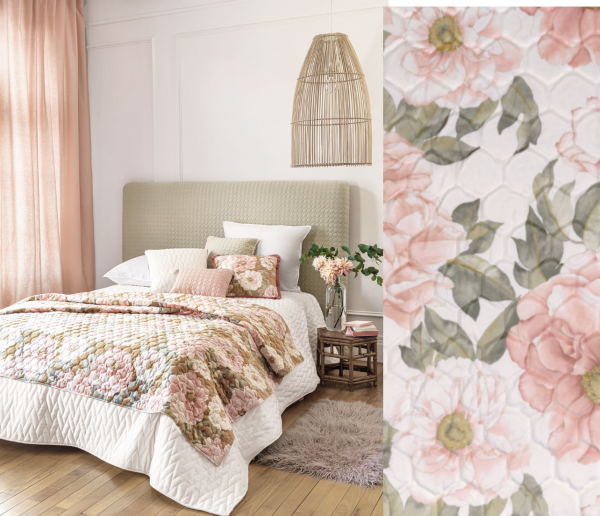 Hochwertige Tagesdecke Nuit d´été floral/ großes Blumenmuster Stickerei 230x 250 weiß/rose/grau